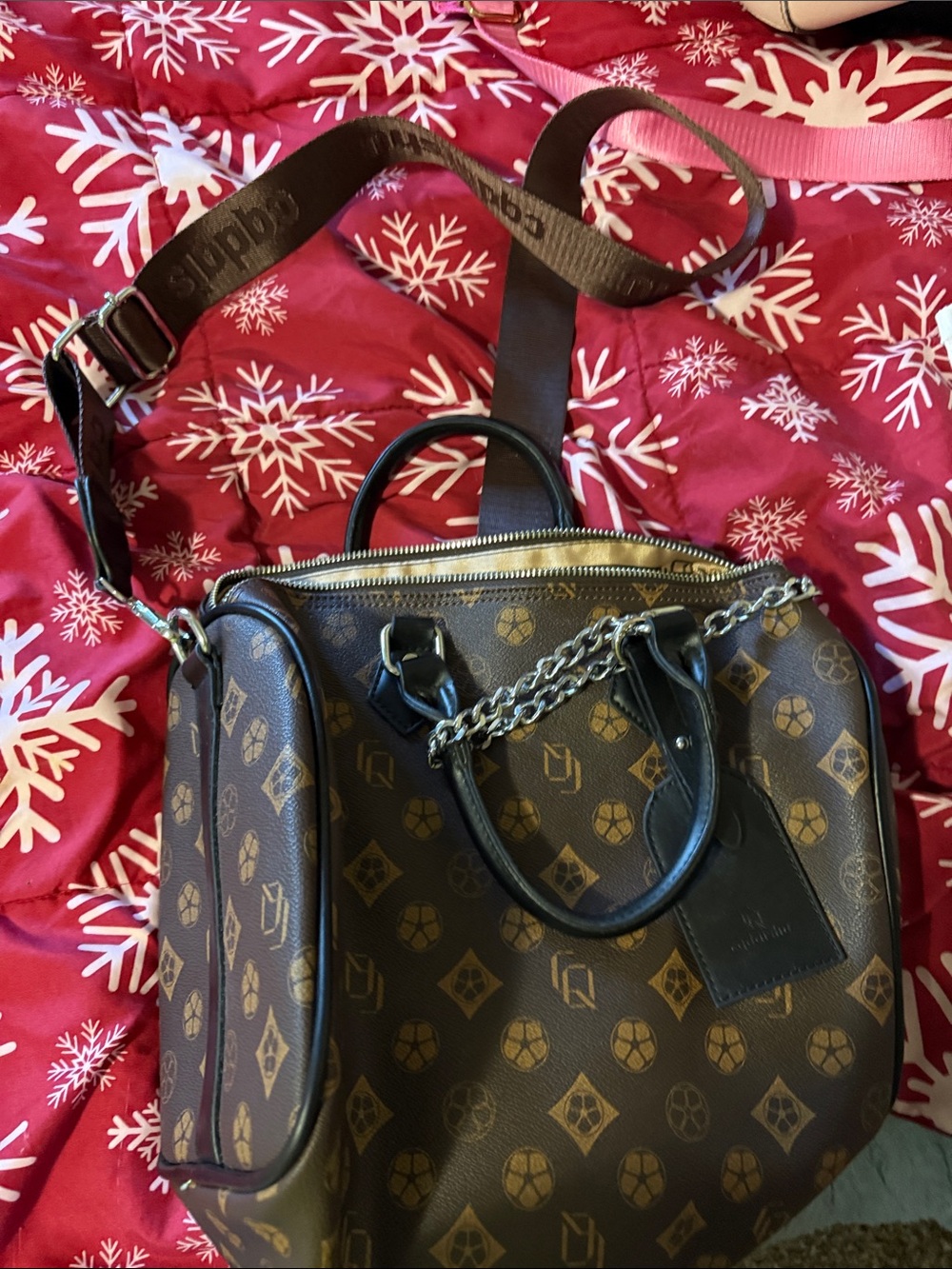Brown Monogram Satchel Bag with Chain Accent